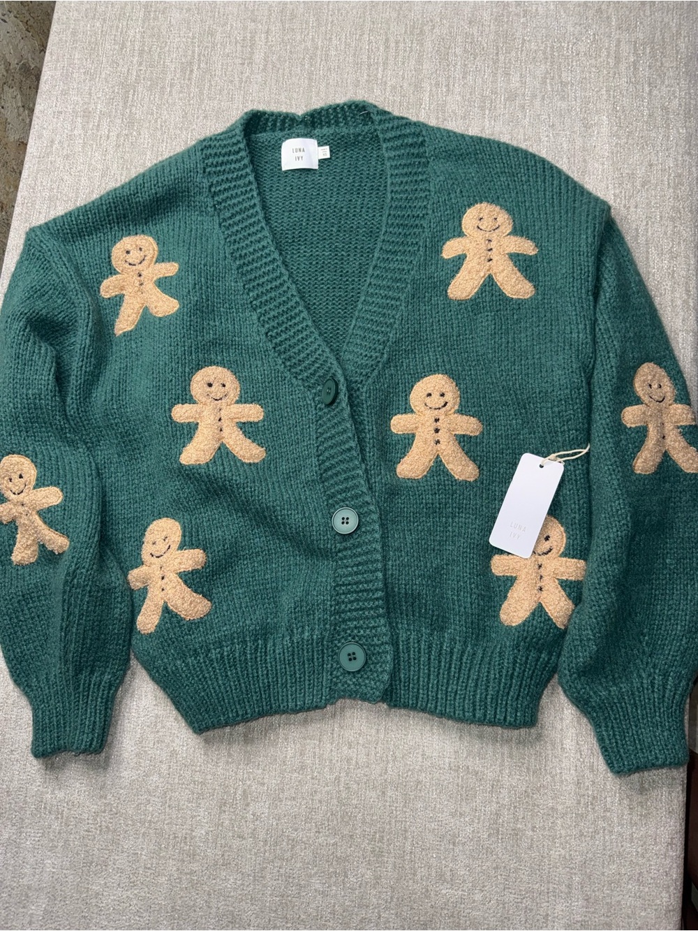 Luna Ivy Gingerbread Man Cardigan Green Christmas Sweater NWT XS